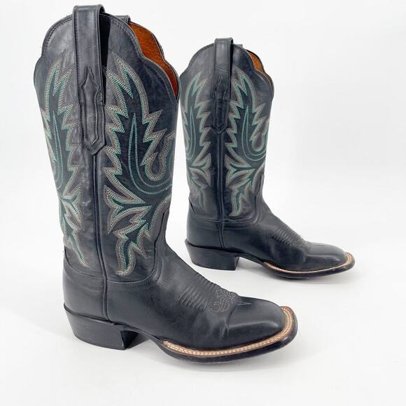 Lucchese Shoes - Lucchese Women’s 6 Black Leather Turquoise Stitching Square Toe Western Boots